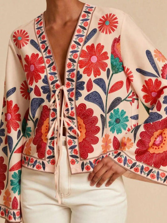 Floral Embroidered Tie-Front Shirt