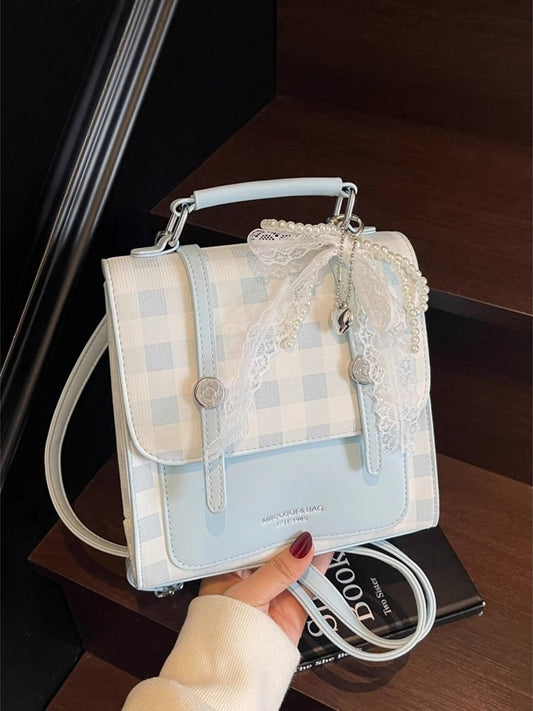 Plaid Lace Decor Backpack Bag