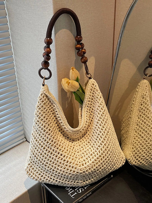 Knitted Shoulder Bag with Wooden Bead Handle