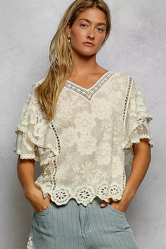 POL Floral Crochet V-Neck Short Sleeve Blouse with Scalloped Hem