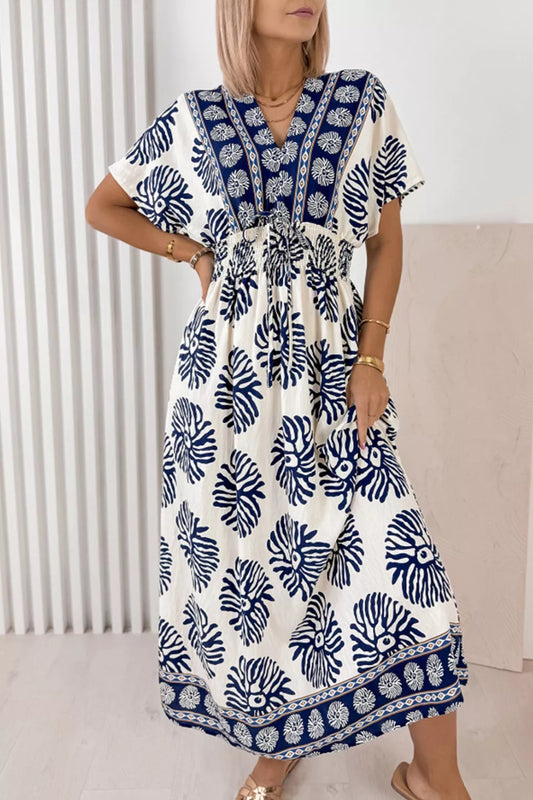 Floral Print Contrast Patchwork V Neck Dolman Dress