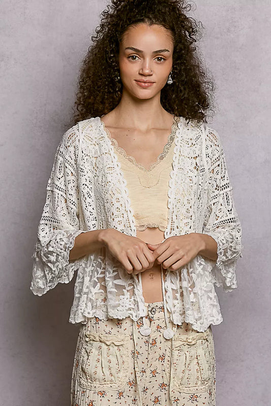 POL Floral Lace Short Sleeve Crochet Cardigan with Tassel Tie