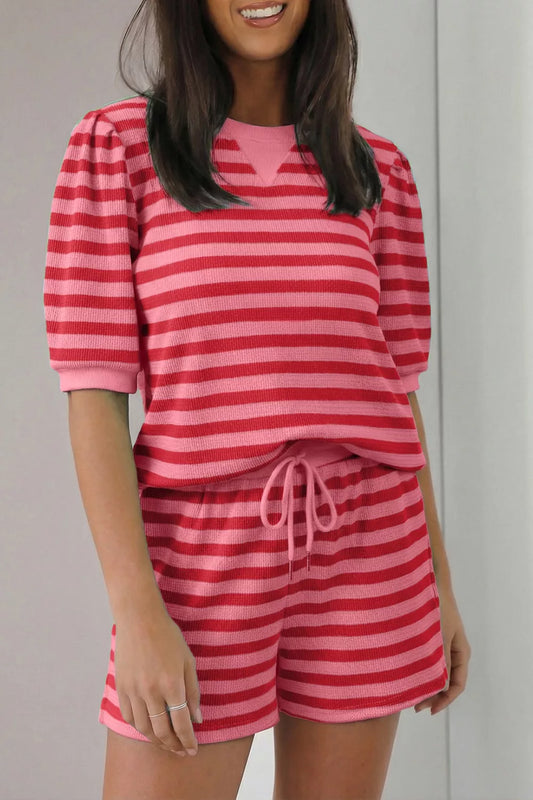 Striped Round Neck Top and Shorts Set