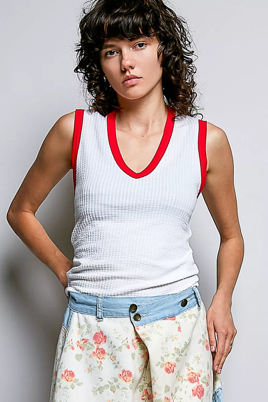 POL V-Neck Contrast Ribbed Sleeveless Tank