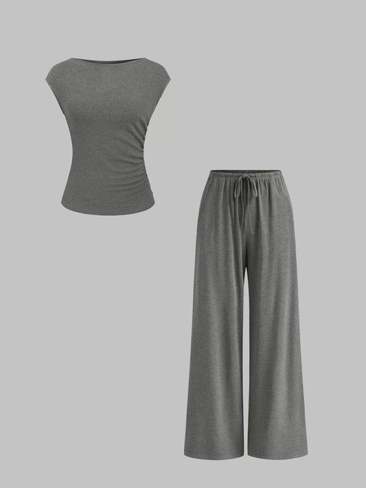 Casual Solid Color Top and Wide Leg Pants Set