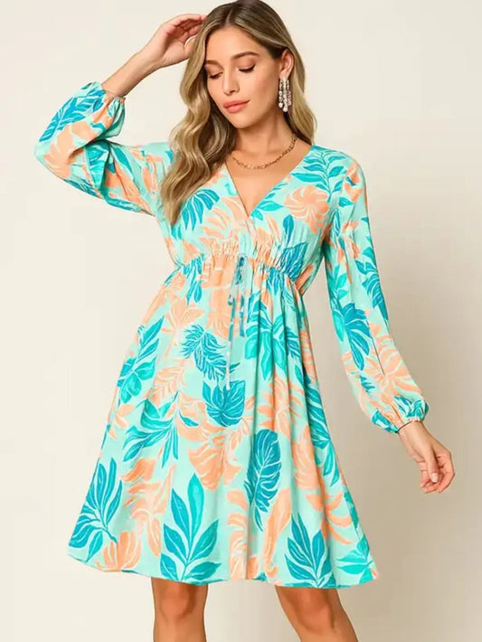 Double Take Full Size Printed V-Neck Drawstring Dress