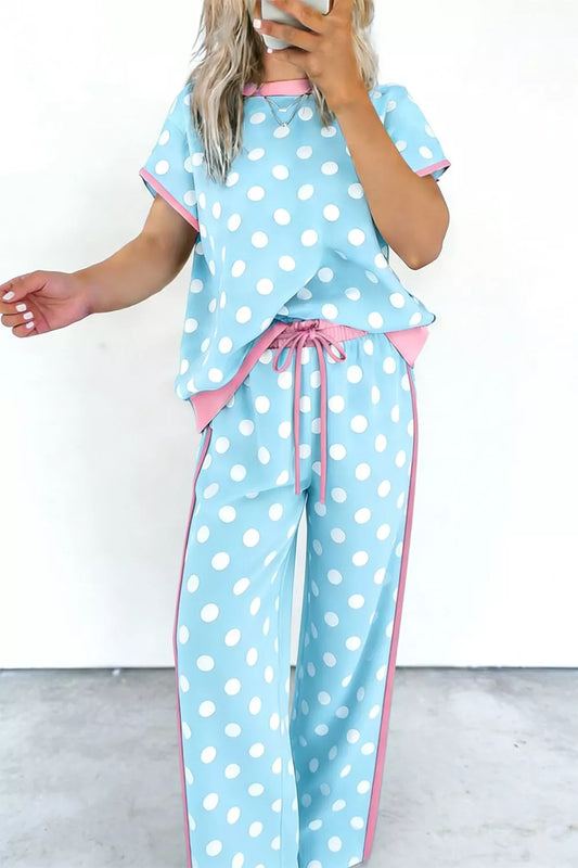 Polka Dot Contrast Trim Top and Pants Set
