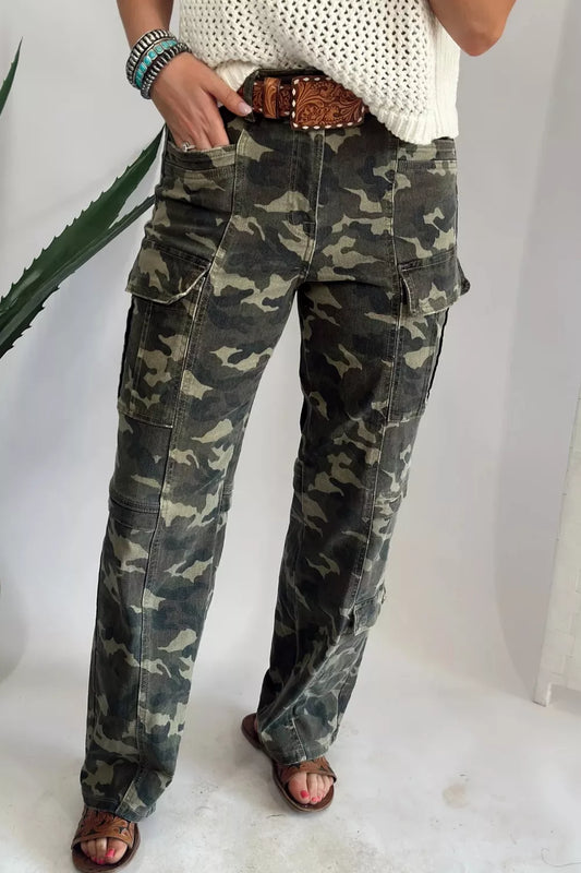 Camouflage Print Multi Pocketed Womens Denim Pants
