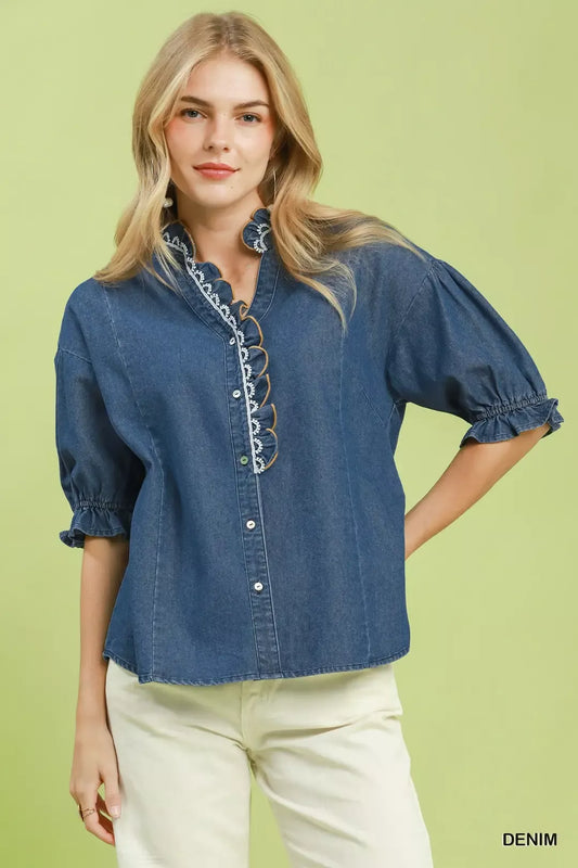 Umgee Chambray Scalloped Trim Button Front Blouse