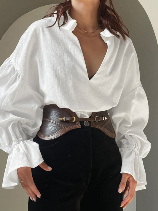 Notched Flounce Sleeve Blouse