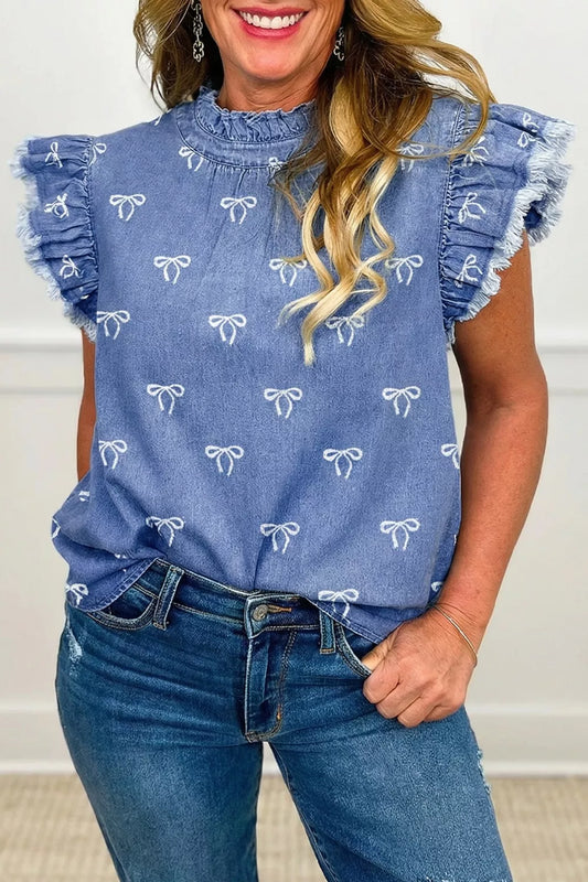 Frilled Collar Flutter Sleeve Denim Top