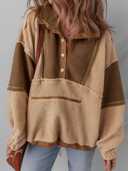 Color Block Patchwork Half Button Sherpa Sweatshirt