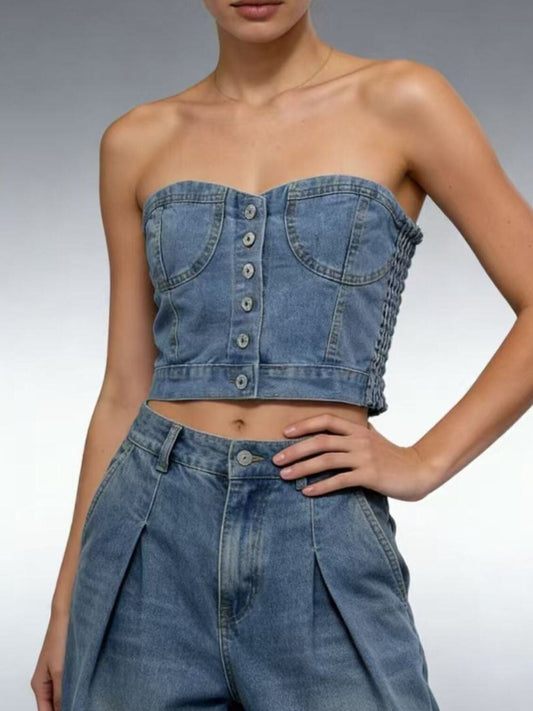 Button-Front Denim Tube Top