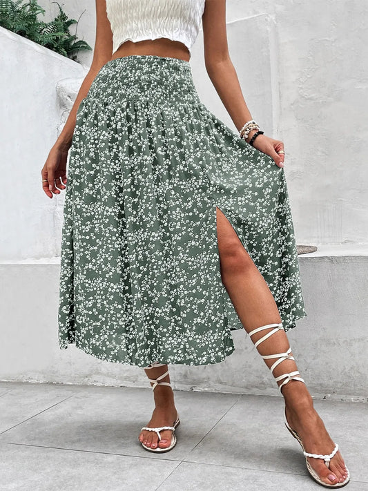 Slit Smocked Printed Skirt
