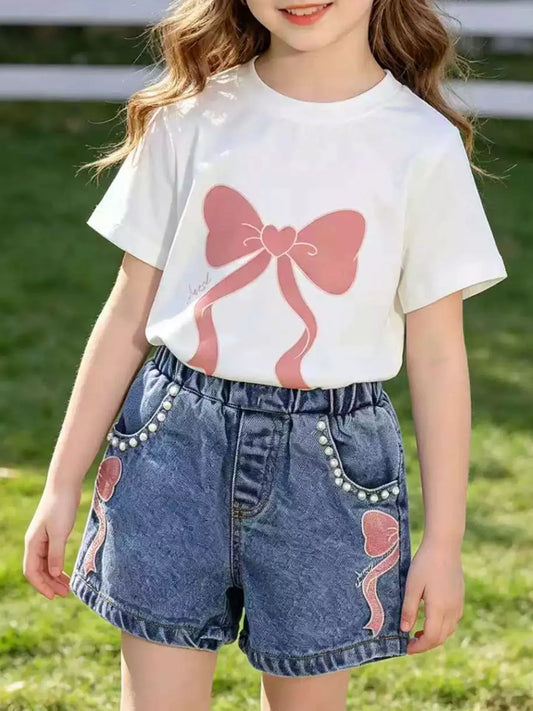 Children's Bowknot T-shirt and Denim Shorts Set