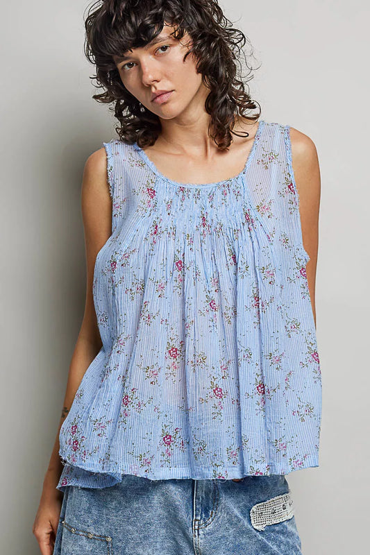 POL Round Neck Sleeveless Floral Pleated Cotton Top