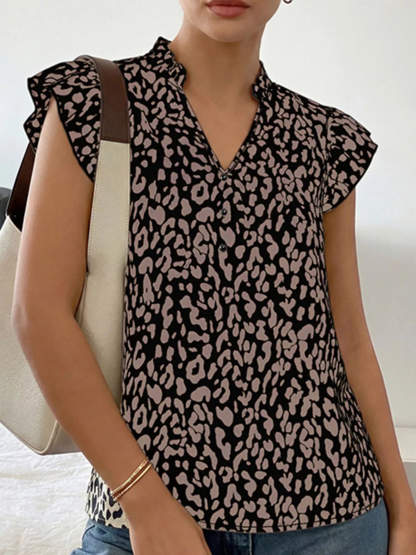 Leopard Print Ruffle Sleeve Blouse