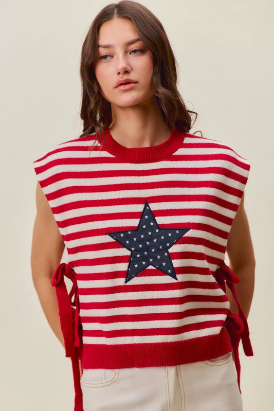 SO ME Stripe Star Patch 4th Of July Side Tie Vest Top