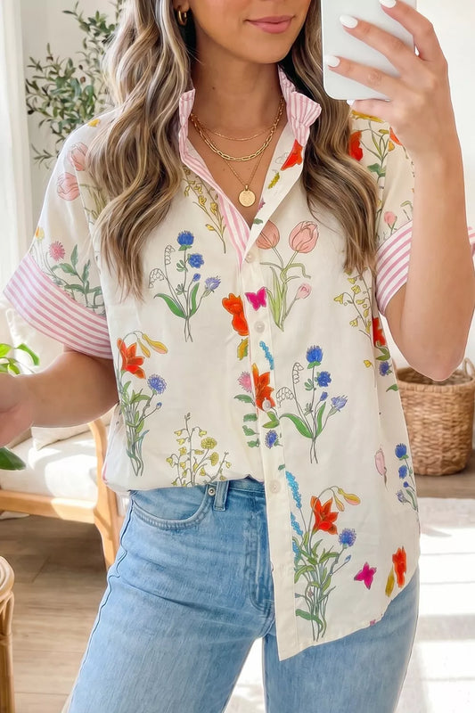 Floral Striped Patchwork Ruffled Collar Short Sleeve Shirt
