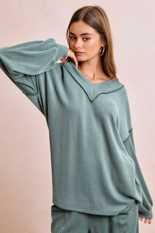 BiBi Two Tone Cord Rib Contrast Stitching V-Neck Top and Pants Set