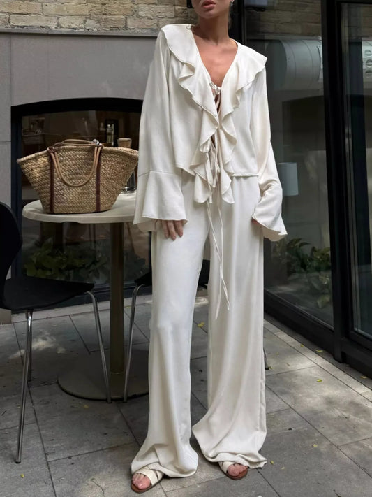 Ruffle Trim Tie Front Top and Pants Set
