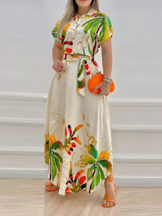 Tropical Print Button-Up Crop Top and Maxi Skirt Set、