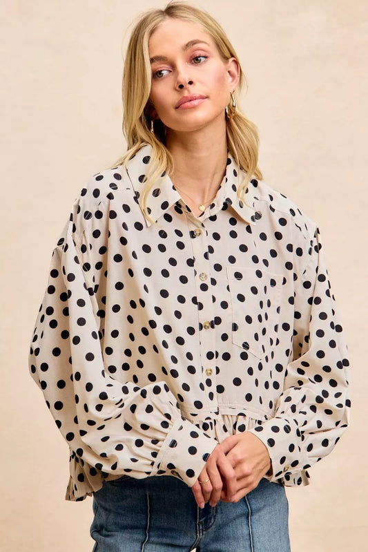 BiBi Crinkle Polka Dot Ruffled Hem Button Up Shirt Top