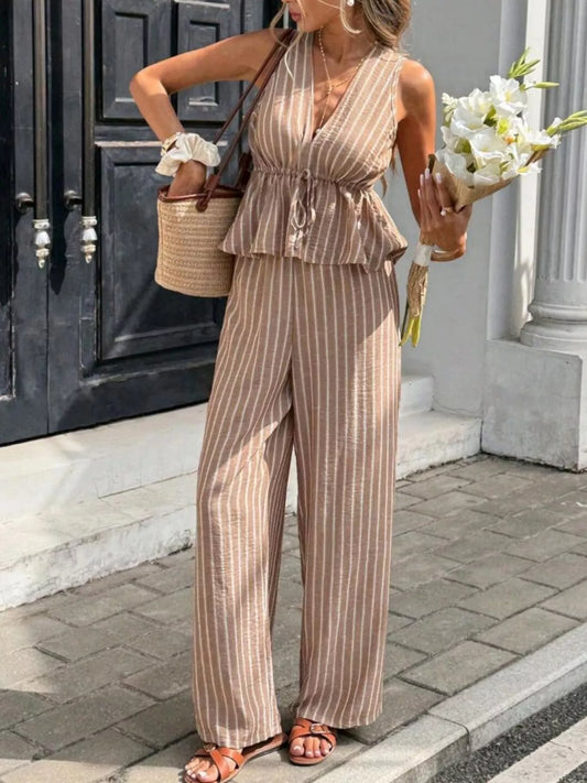 Striped Sleeveless Top and Wide Leg Pants Set