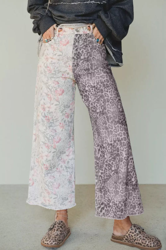 Floral and Leopard Print Wide-Leg Jeans