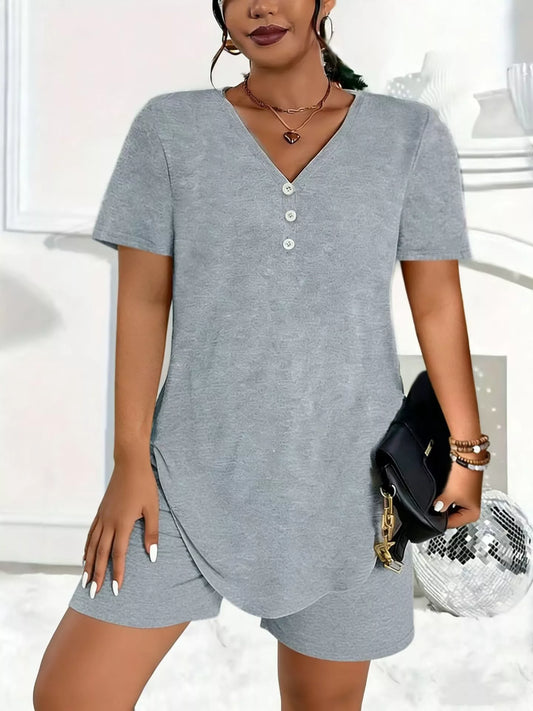 Plus Size V-Neck Short Sleeve Tee and Shorts Set