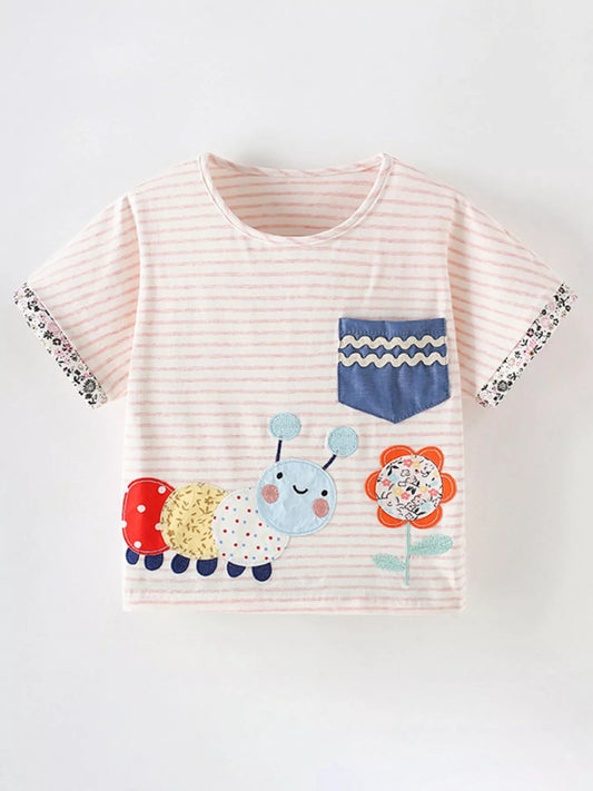 Children's Cute Cartoon Caterpillar Applique Striped T-Shirt