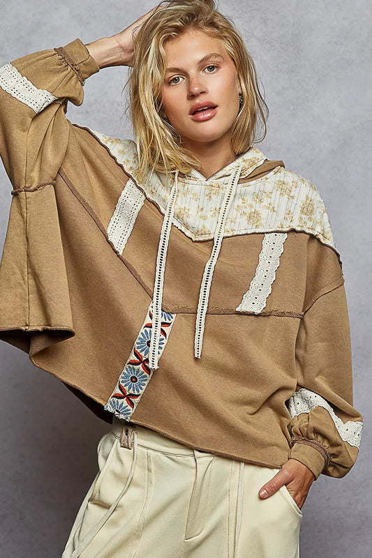 POL Drawstring French Terry Hoodie with Gauze Print Patch