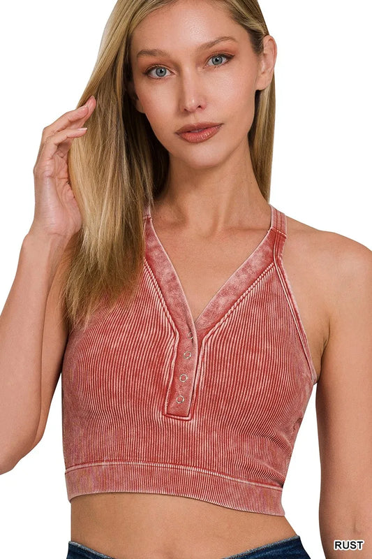 Zenana Washed Ribbed Seamless Button V-neck Tank Top