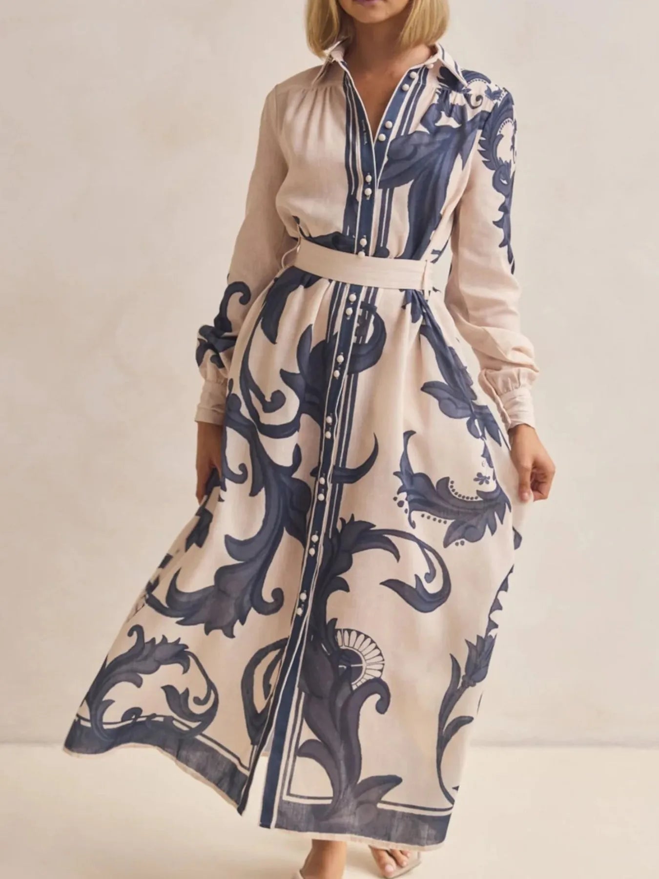 Printed Button Down Belted Shirt Dress