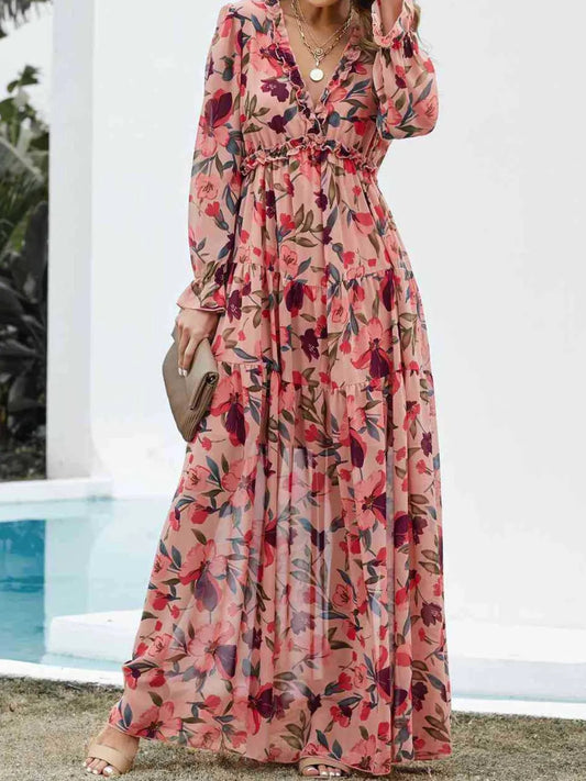 Frill Printed V-Neck Flounce Sleeve Dress