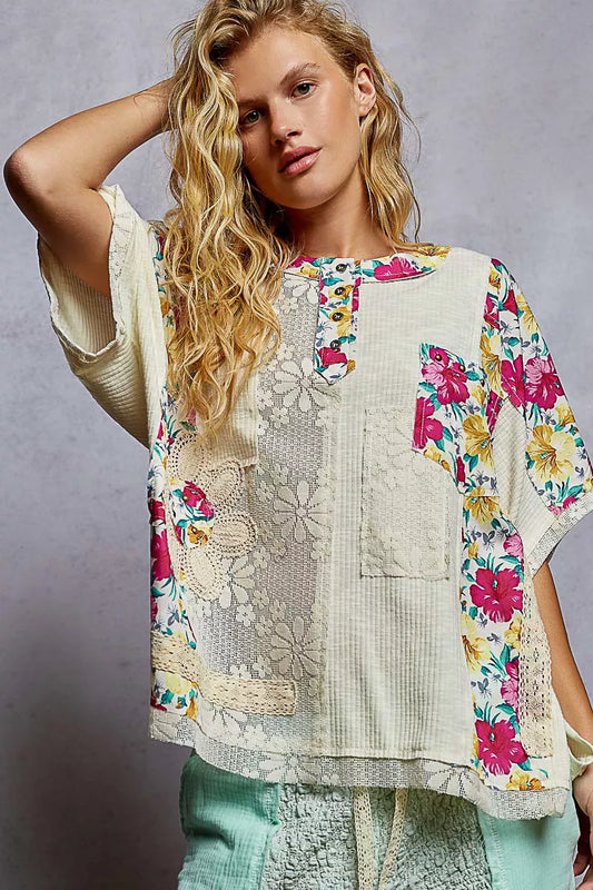 POL Lace Round Neck Short Sleeve Floral Pattern Top with Patch Detail