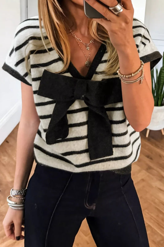 Stripe Bow Applique Short Sleeve Sweater
