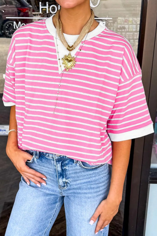 Stripe Round Neck Drop Shoulder Short Sleeve Loose Top