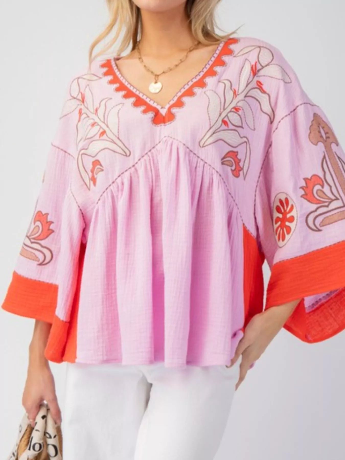 Printed V-Neck Top with Contrast Trim Details