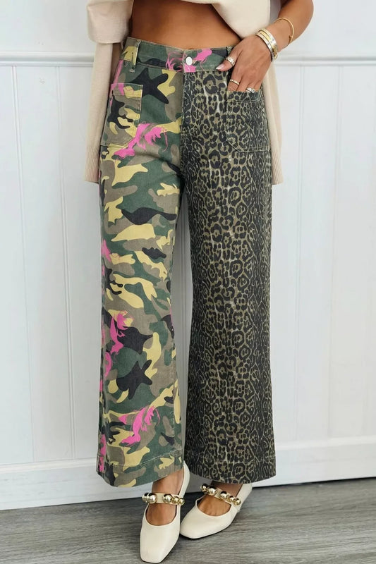 Multicolour Retro Floral Leopard Contrast Patchwork Raw Hem Jeans