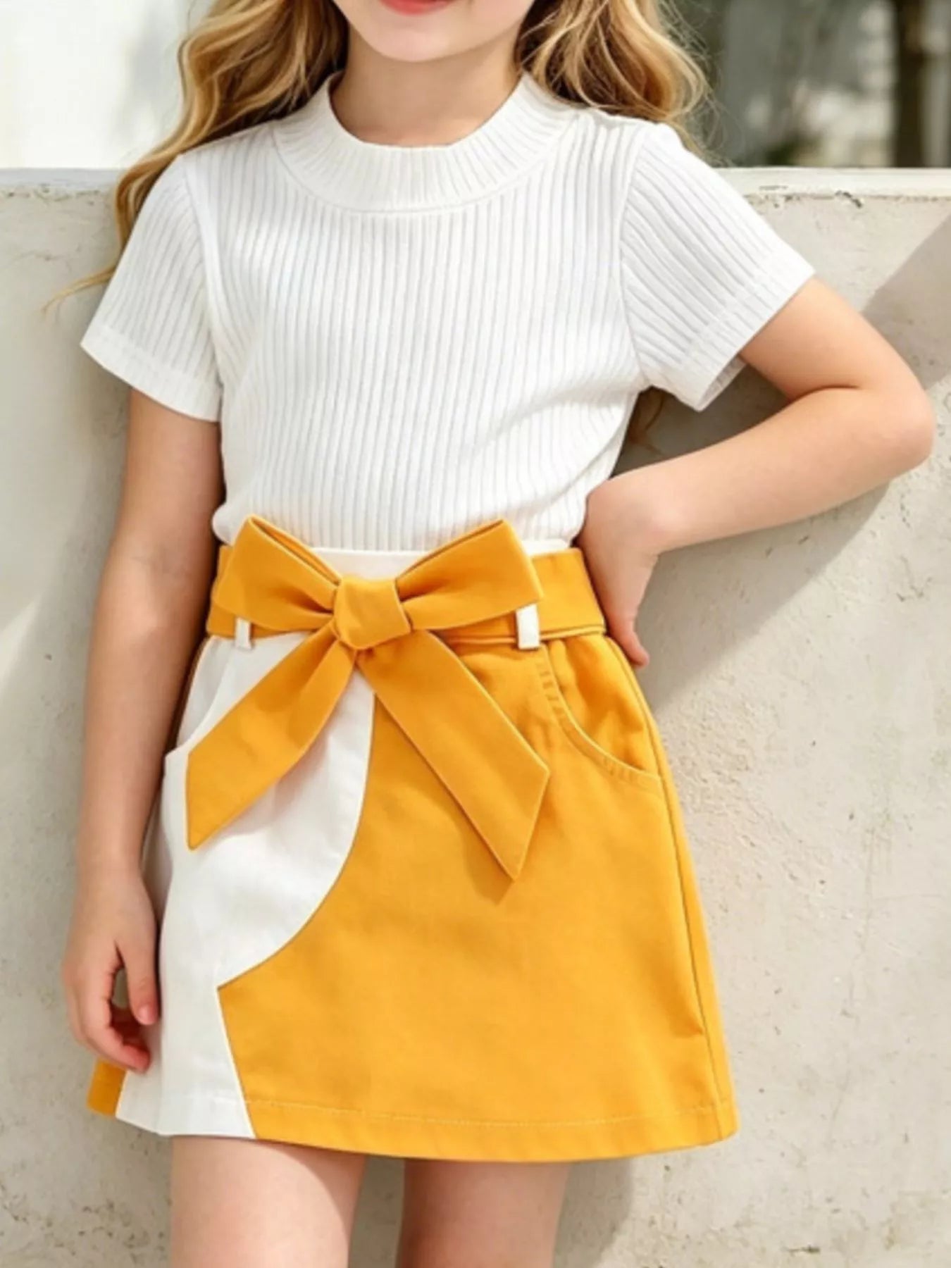 Children's Ribbed Knit Top & Bow Decor Skirt Set