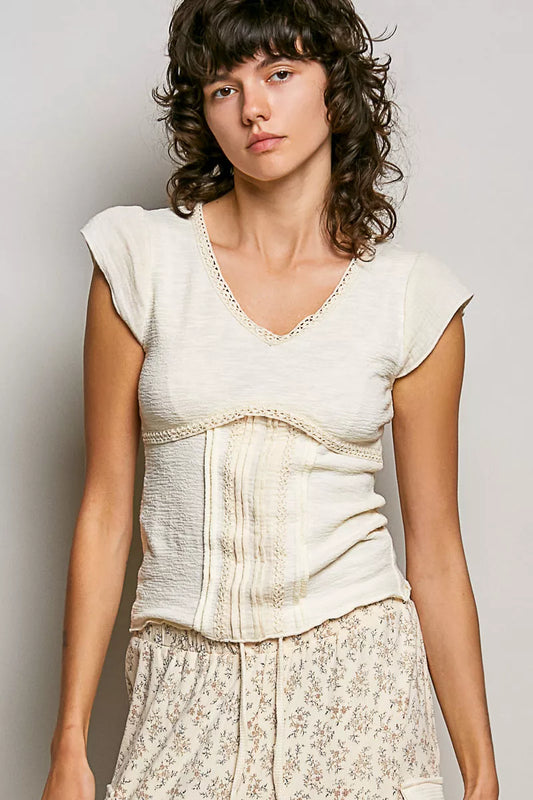 POL V-Neck Lightweight Textured Short Sleeve Knit Top with Lace Trim