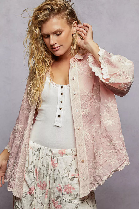 POL Embroidered Floral Collared Neck Shirt with Scalloped Edges