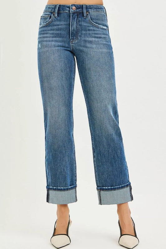 RISEN Full Size 4 Way Stretch Slouchy Straight Jeans with Cuffed Hem Plus Size