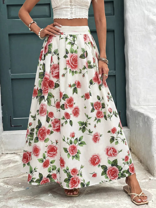Rose Print Flowy Maxi Skirt