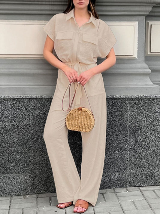 Chest Pocket Short Sleeve Wide Leg Jumpsuit