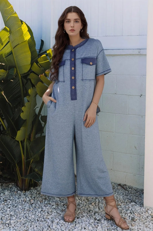 Placket Chest Pockets Short Sleeve Wide Leg Jumpsuit