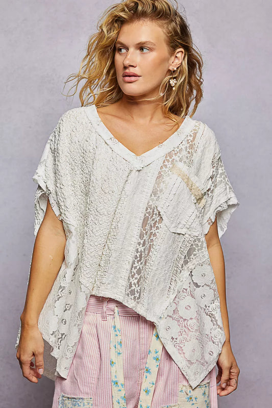 POL Asymmetrical V-Neck Short Sleeve Lace Top