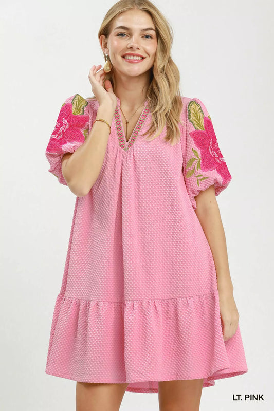 Umgee Floral Embroidered Textured Jacquard Dress