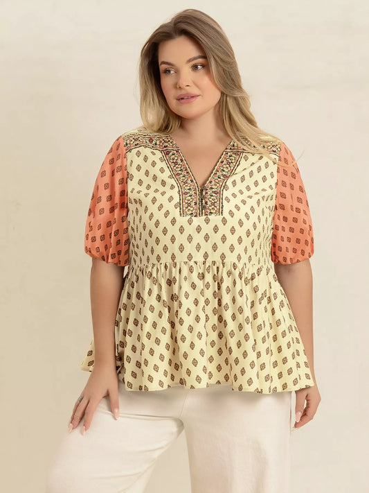 Plus Size Printed Short Sleeve Peplum Blouse